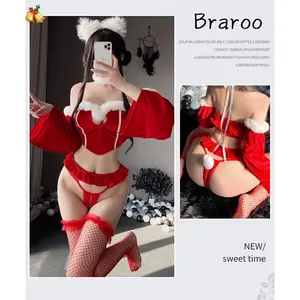 Braroo Christmas Red Velvet Costume Set – Off-Shoulder Top, Shorts & Stockings