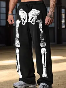 Trendy Street Style Drawstring Sweatpants, Fashion Skeleton Print, Comfortable Fitted Design, Versatile Daily Wear Pants, Sports Casual Pants