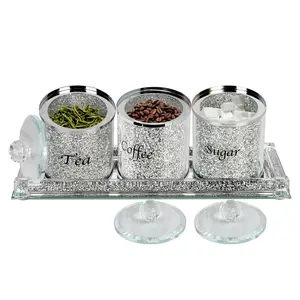 Set of 4 Sparky Glass Crushed Diamonds Canisters Set for Sugar Coffee Tea Features Tray, Luxurious Storage Containers Sets with Lids Decorative Storage Pots for Kitchen Counter Dining Room