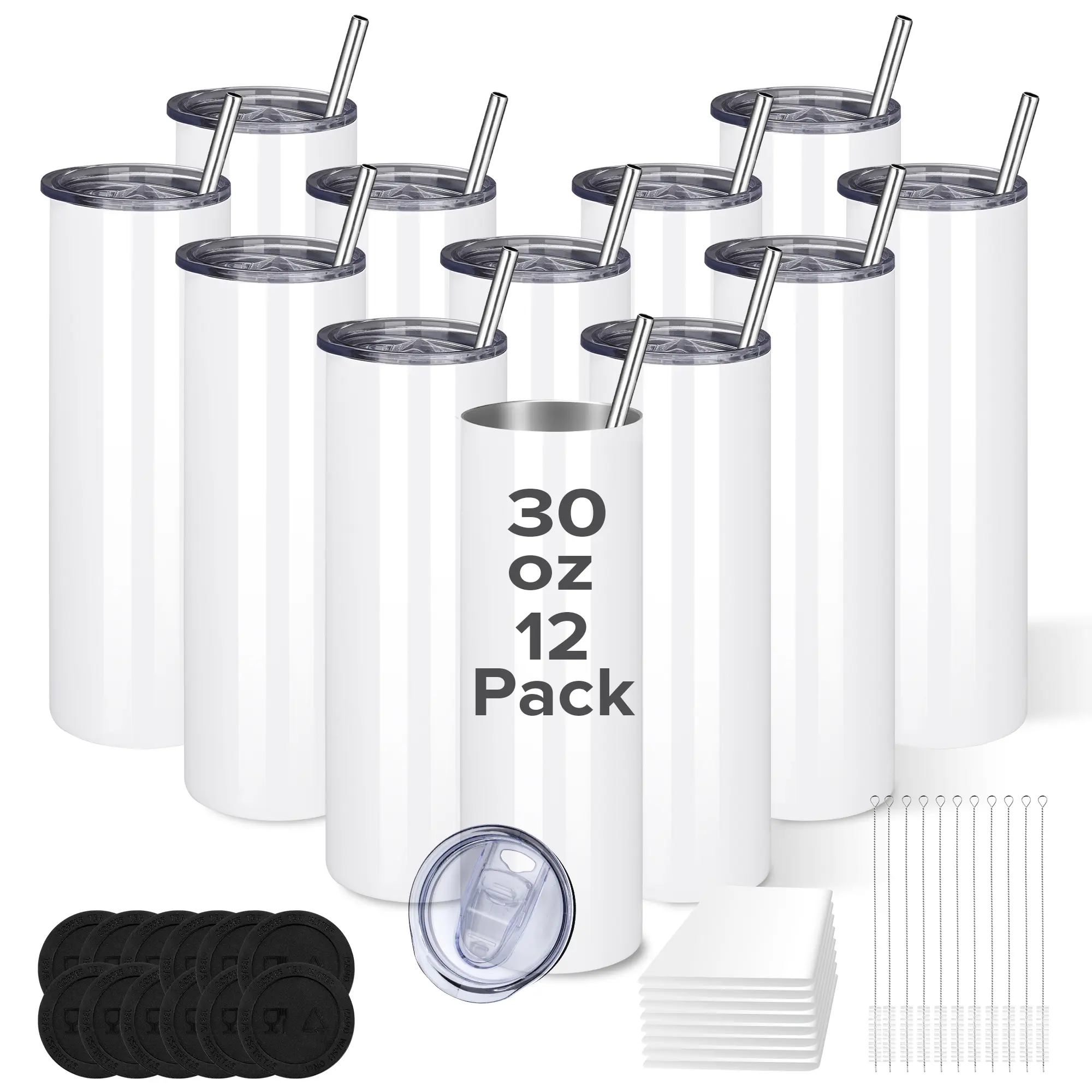 FASTSUB 30 oz Sublimation Skinny Tumblers (12 Pack) - Stainless Steel Double Layer Insulated Portable Vacuum Flask, Leakproof BPA-Free Anti-Leak Travel Cup with Straw and Lid