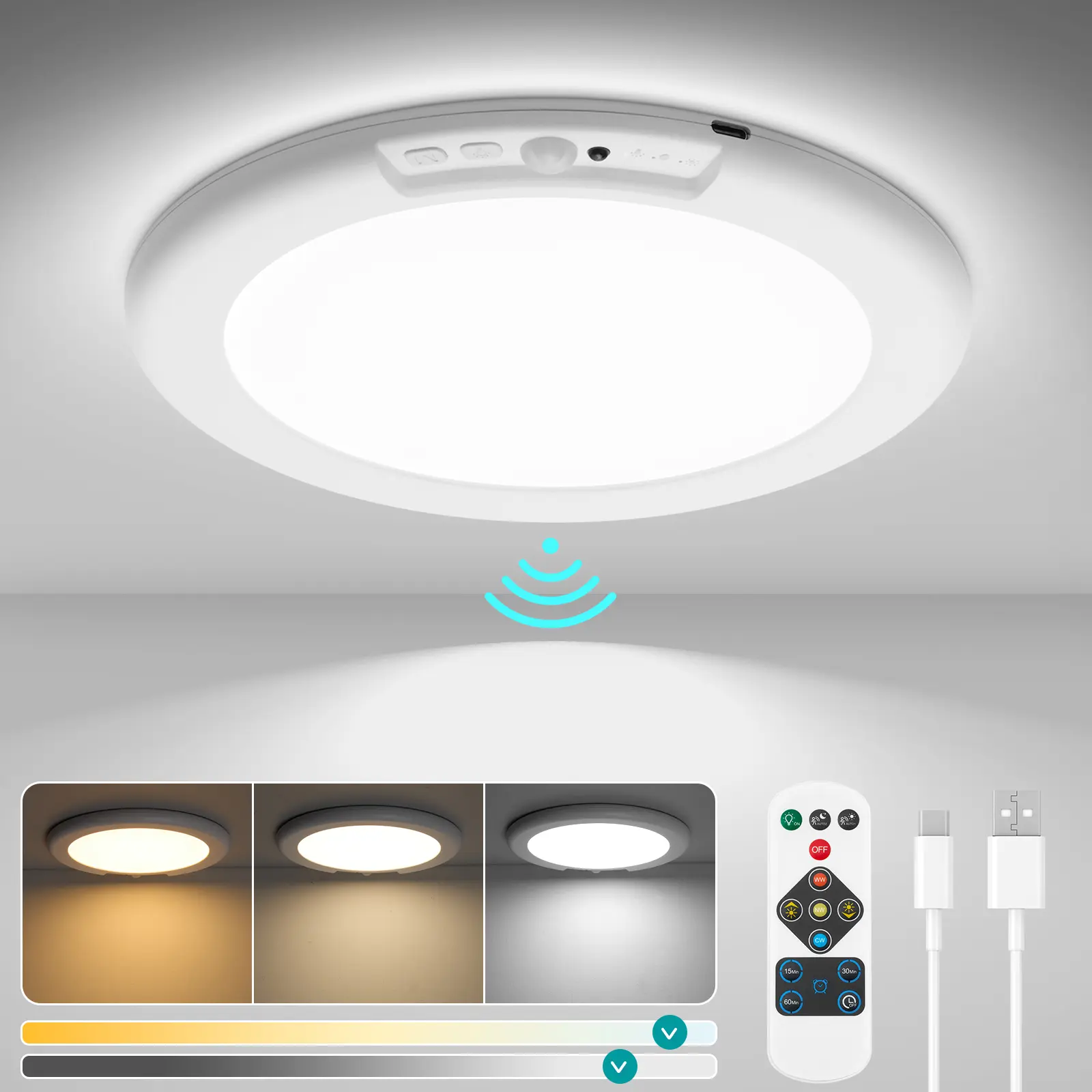 2.0 Rechargeable Motion Sensor Ceiling Light, Wireless Magnetic LED Light with Remote, Dimmable, 3 Color Temperatures, Auto Shut-Off for Closet, Hallway, Shower