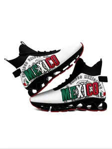 Men's Mexico Flag Print Lace Up High Top Sneakers, Casual Comfortable Breathable Knitted Running Shoes, Male All-match Round Toe Athletic Shoes for Training and Daily Wear