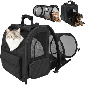 2 in 1 Expandable Cat Backpack Carrier with Detachable Round Play Tunnel Breathable Mesh for 17lbs Cat & 13lbs Small Dog Black