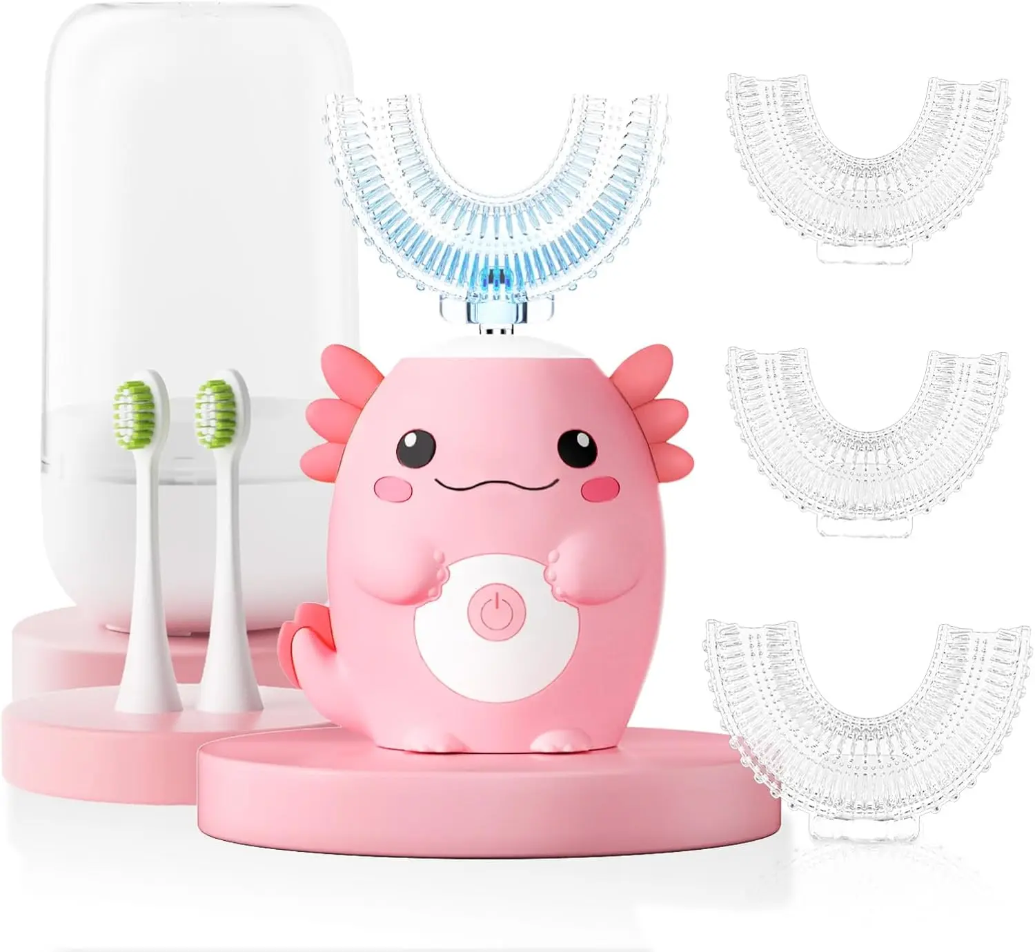 Kids U-Shaped Electric Childrens Toothbrush Set, Cute Axolotl Automatic Toothbrush with 4+2 Soft Silicone & Bristle Replacement Heads, 360° Full Clean, USB Rechargeable, Pink for Daily Oral Care, 4+2 Heads