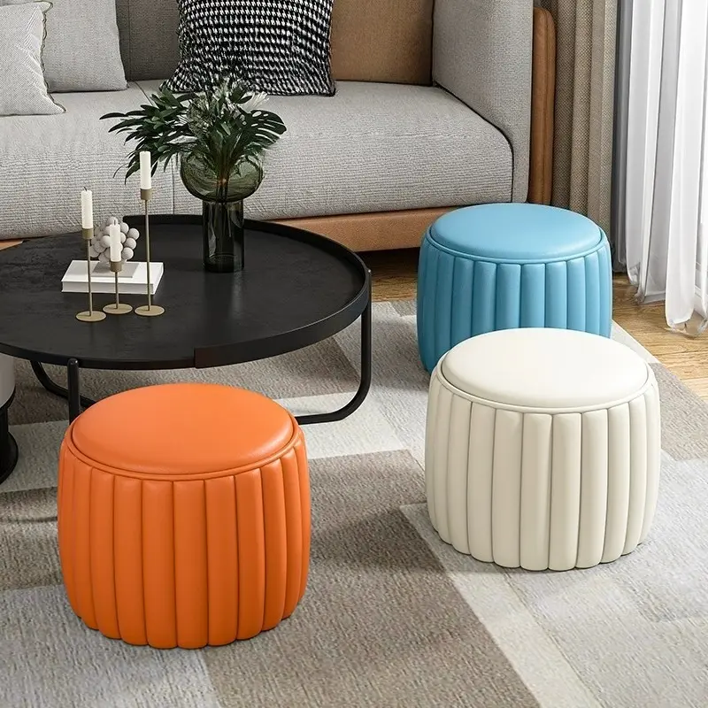 Modern minimalist Ottoman stool, fashionable shoe changing stool, Foot rest stool, minimalist leather, round cushioned seat, space saving organizer, essential for living room/bedroom, small apartment decoration, Upholstered Storage Ottoman