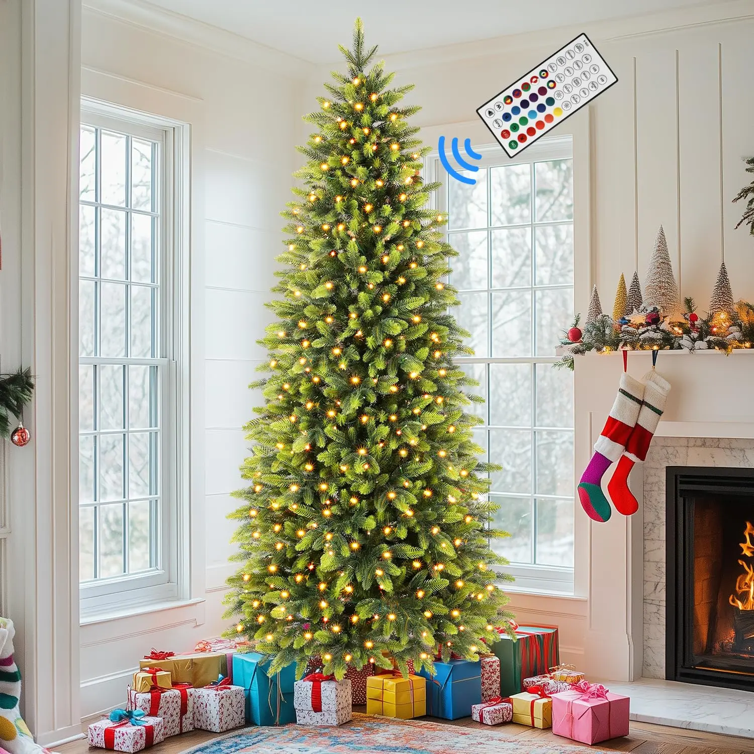 Alupssuc 6ft Prelit Pencil Christmas Tree with 300 RGB Color-Changing Lights 1600 PE&PVC Branch Tips Remote Control Slim Hinged Artificial Tree for Xmas Home Decoration Green