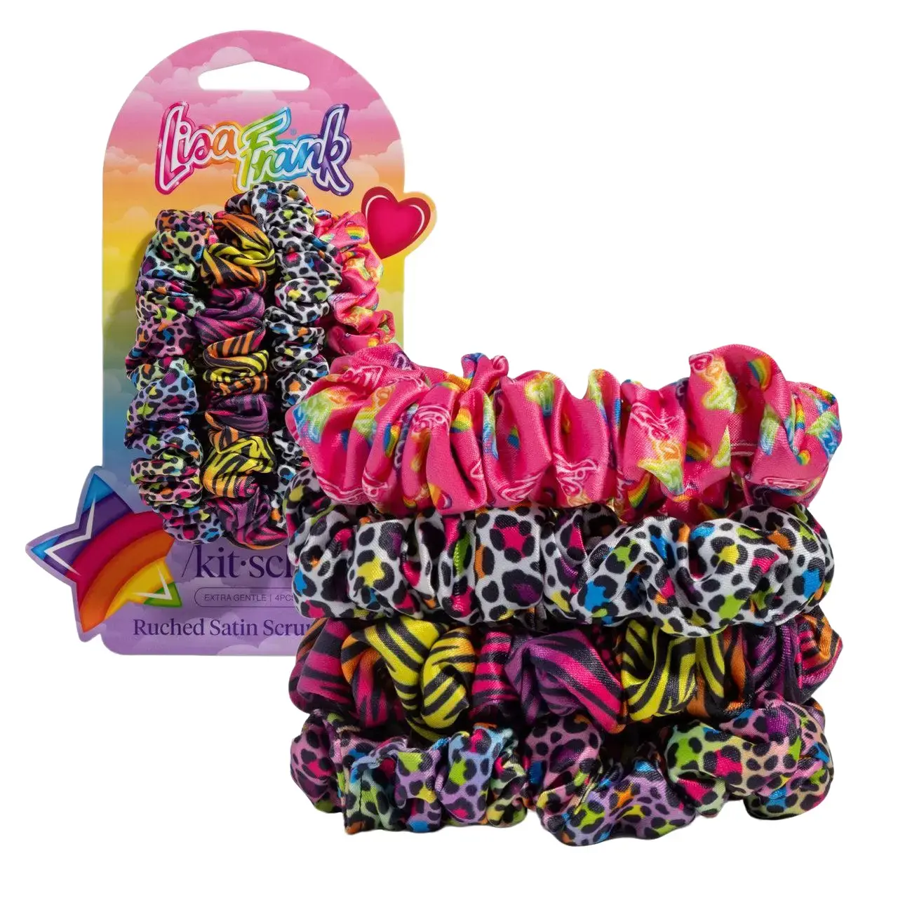 Lisa Frank x Kitsch Ruched Satin Scrunchies in Rainbow Leopard