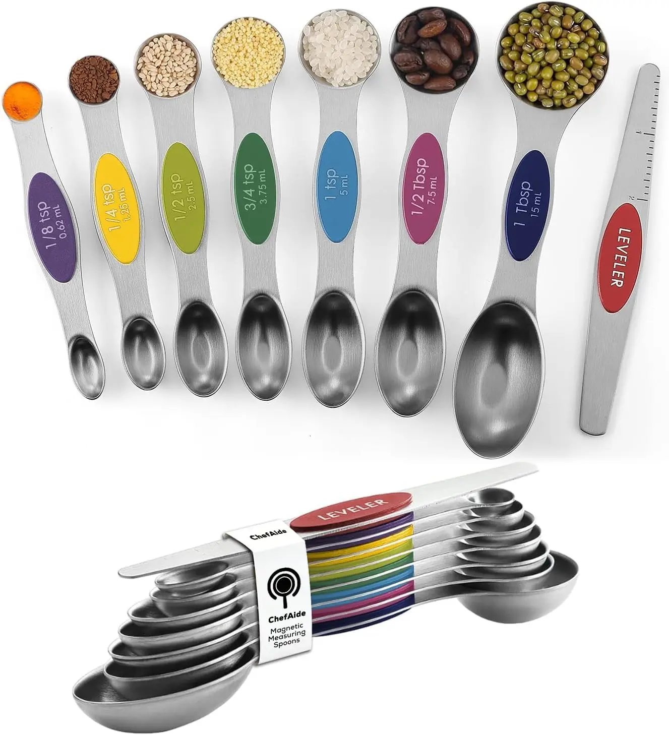 8-Pack Magnetic Measuring Spoons Set – Stainless Steel, Dual-Sided Stackable Teaspoon & Tablespoon Set with Leveler, Kitchen Baking Gadgets
