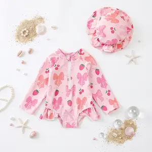 Mora Baby Toddler Girls' Bow & Strawberry Print Long-Sleeve Rash Guard Swimsuit with Matching Sun Hat - UPF 50+ Quick-Dry Kids Bathing Suit Set