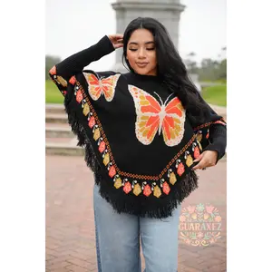 Mariposa Monarca Mexican Poncho Black with Butterfly Design, Long Sleeves, and Fringe Trim