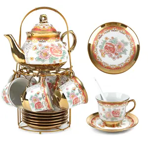 European Ceramic Tea Set For 6 People,20Pcs Porcelain Tea Set With Metal Stand,Vintage Floral Tea Cup And Saucer,Complete Gift Set With Teapot,Spoons For Wedding,Bridal Shower,Afternoon Tea (White)