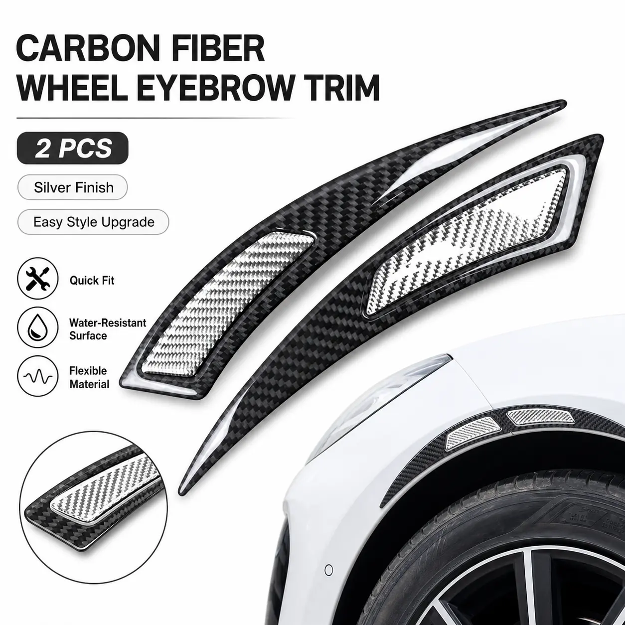 2PCS Universal Car Wheel Eyebrow Bumper Trim - Carbon Fiber Look Fender Arch Scratch Guard Sticker Set, Peel & Stick Edge Protectors with Red or Silver Accent, Vehicle Accessories for SUVs