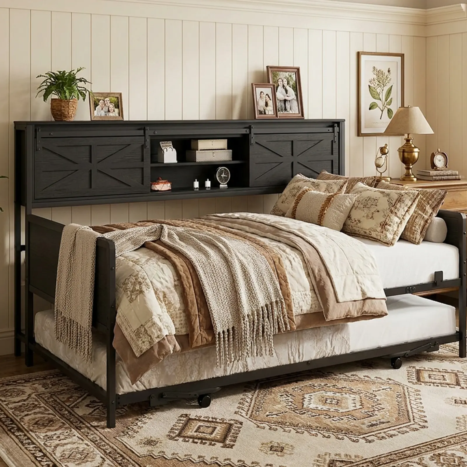 Twin Farmhouse Daybed with Pop-Up Trundle, Metal Bed Frame, Bookcase Headboard, Charging Station and Barn Door Storage, Black