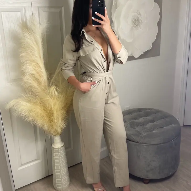 Womenswear Elegant Casual Khaki Jumpsuit with Buttoned Details Optional Belt for Brunch Outfit - Elegance