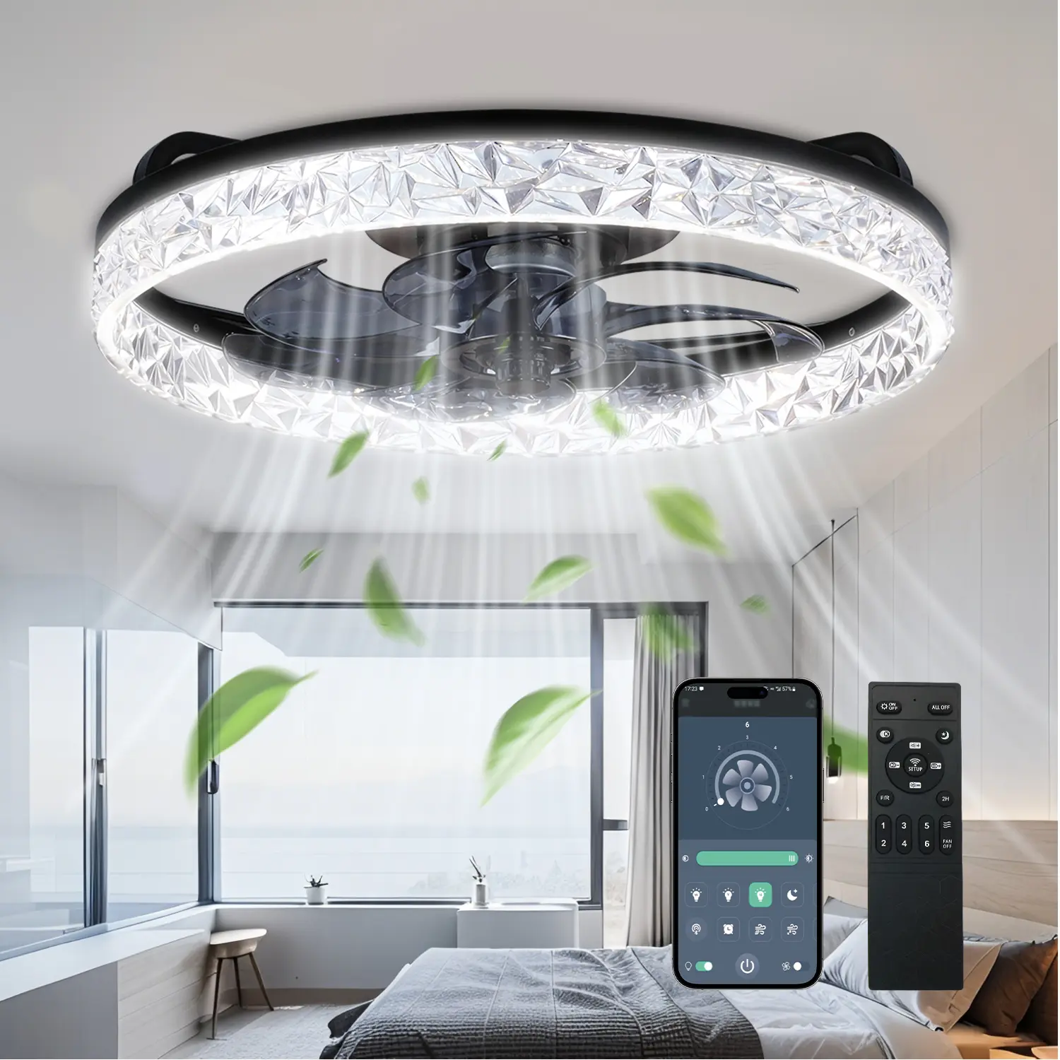 DEMILARE Fandelier Ceiling Fan with Light and Remote, Dimmable LED Ceiling Fan Light, 6-Speed Forward Wind with Reverse Mode, Modern Decorative Flush Mount Ceiling Fan for Bedroom, Living Room, Black or White Finish,home makeover,back to school shopping