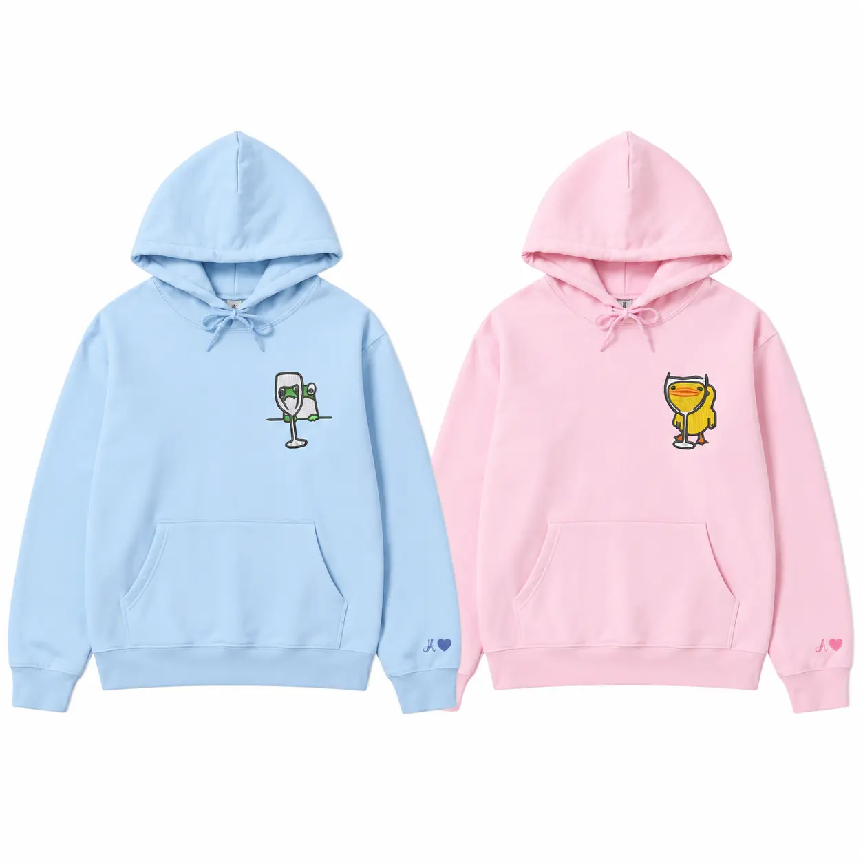 Custom Embroidered Frog and Duck Drinking Matching Hoodies for Couples – Cute Duck Design for Couple, Valentine Gift