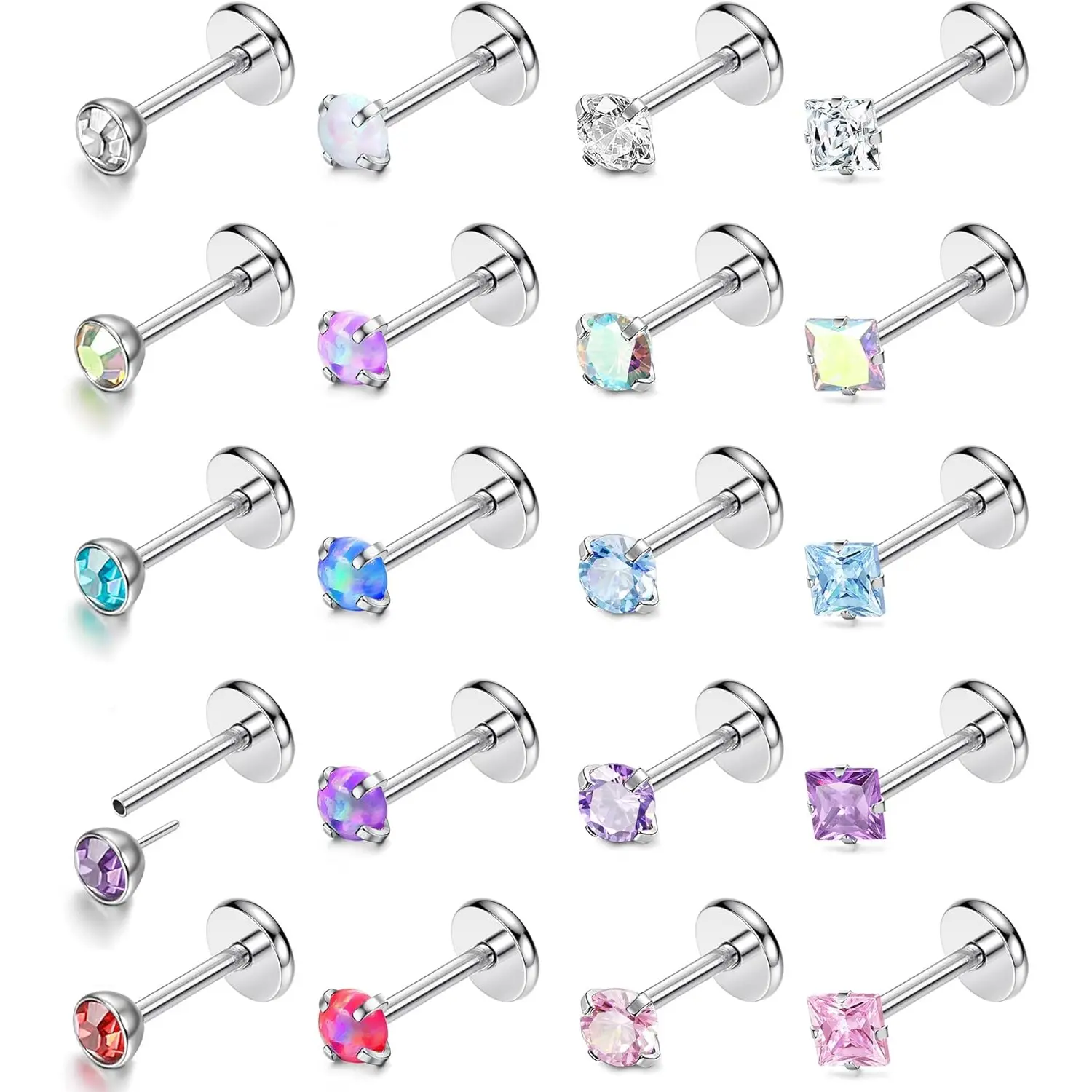 Milacolato Threadless Push-In Nose Studs - 20G/18G 316L Surgical Steel Hypoallergenic Nose Piercings Jewelry, 3mm Rainbow Crystal Opal Unisex (20-Count), Nose Piercing