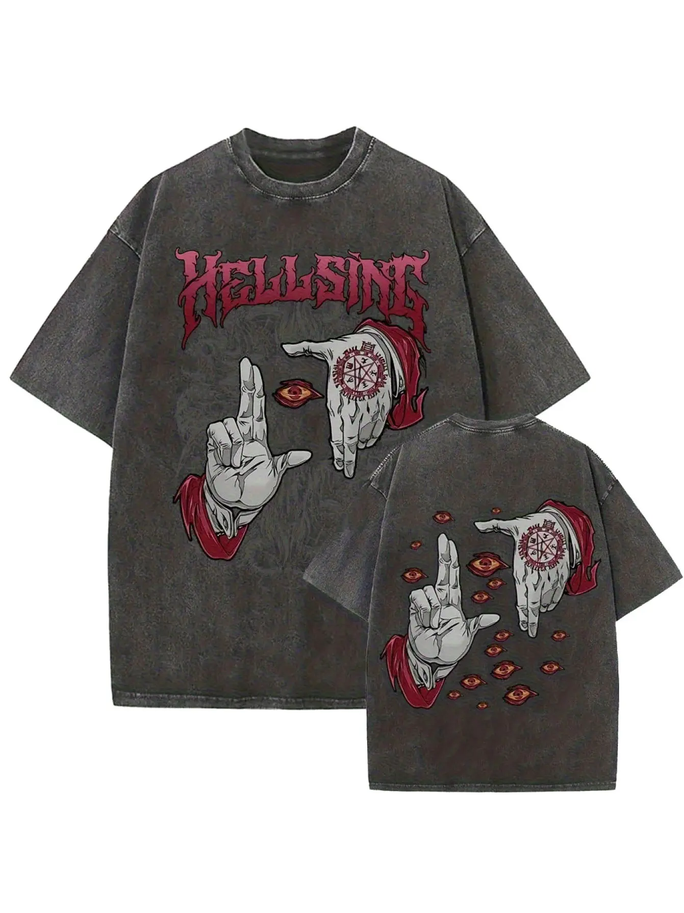 Men's 90s Classic Hellsing Anime Double-Sided Oversized Round Neck T-Shirt - Abraham Van Helsing & Alucard Retro Manga Print, Soft Washed Black Loose-Fit Menswear Top for Anime Conventions, Casual Wear