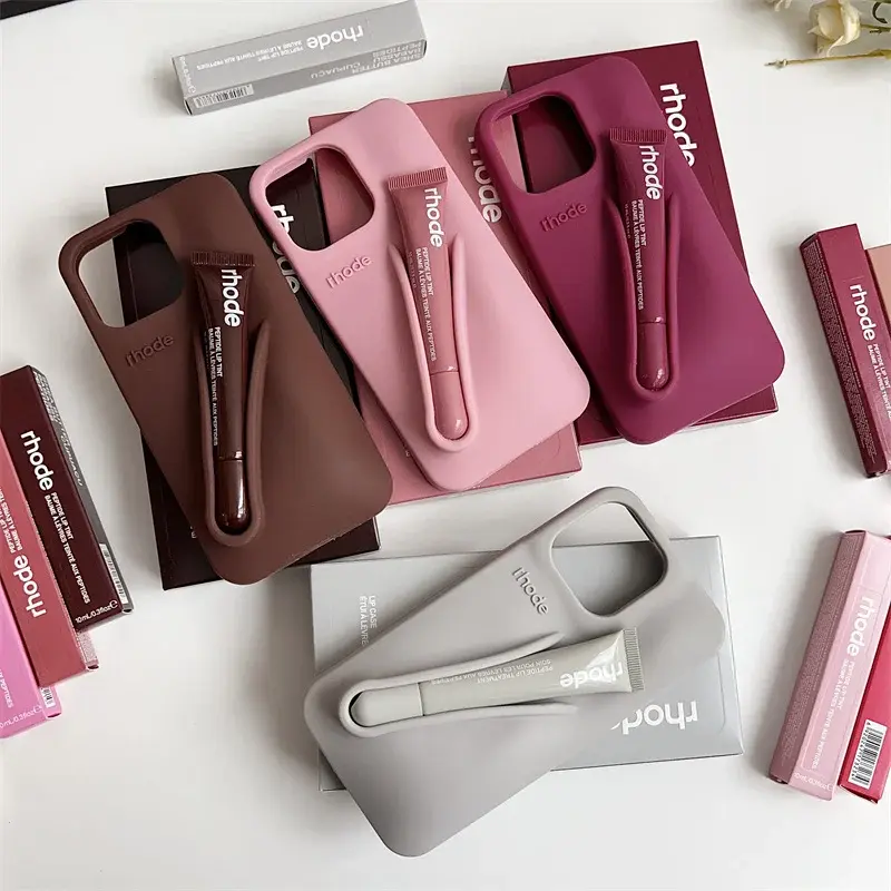 Rhode Case With Box and Lip Gloss Set Silicone Case for iPhone 17 16 15 14 13 12 11 Pro Max Plus Lipstick Toast Espresso Ribbon Cover