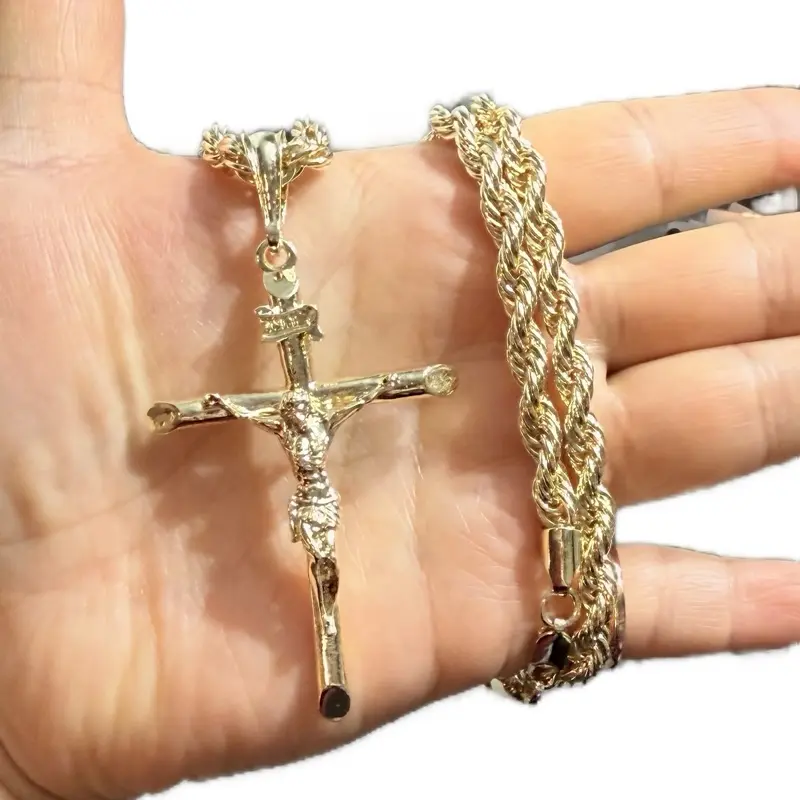 Gold Plated Cross Big Pendant Religious Necklace 24” Rope  Chain
