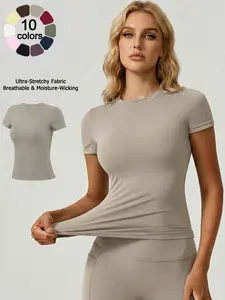 New Women Solid Color Crew Neck Short Sleeve Sports T Shirt, Activewear T Shirt, Soft Comfortable Breathable High Elastic Slim Fit Yoga Wear Seamless Pilates Top Waist Shaping Outdoor Running Gym Workout Wear Casual Daily Wear