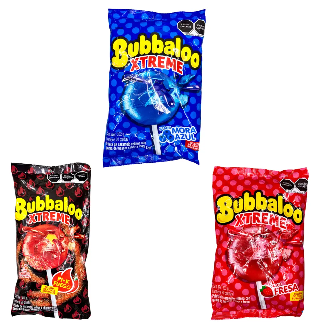PALETAS BUBBALOO XTREME - 20 LOLLIPOPS WITH CHEWING GUM FILLING - PRODUCT OF MEXICO