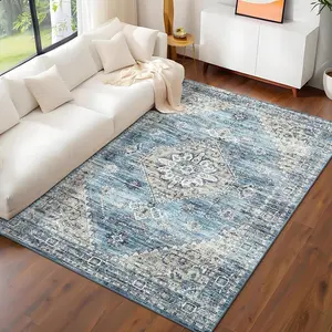 Washable Area Rug Blue Vintage Floral Print Non Slip Living Room Rugs Low Pile Ultra Thin Bedroom Retro Accent Dining Room Rug for Office Home Foldable Distressed Floor Cover