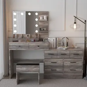 Large Makeup Vanity with Lights, Vanity Table with Charging Station, Vanity Desk with Mirror and 10 LED Light Bulbs, Makeup Table with Tabletop Compartments, Drawers and Storage Shelves