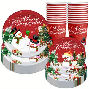 Festive Christmas Party Supplies Set, Disposable Tableware for 10-30 Guests, Includes Snowman-Themed Plates & Cups, Perfect for Holiday Celebrations