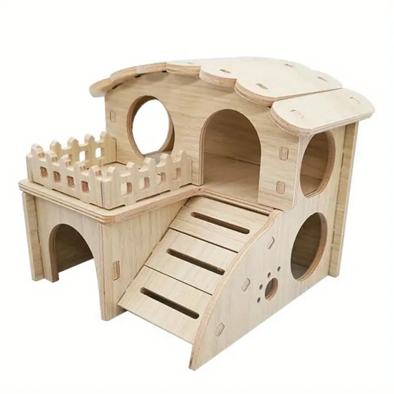 Wooden Hamster House Hideout Double Layer Hideaway Playing Exercise Toy Wooden Hamster Cage Hamster Cage Habitat Hamster Hides