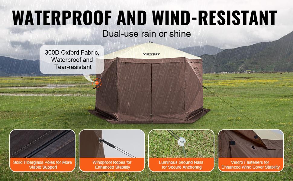 【DealsForYouDays】VEVOR Camping Gazebo Screen Tent, 12*12ft, 6 Sided Pop-up Canopy Shelter Tent with Mesh Windows, Portable Carry Bag, Stakes, Large Shade Tents for Outdoor Camping, Lawn and Backyard, Brown/Beige