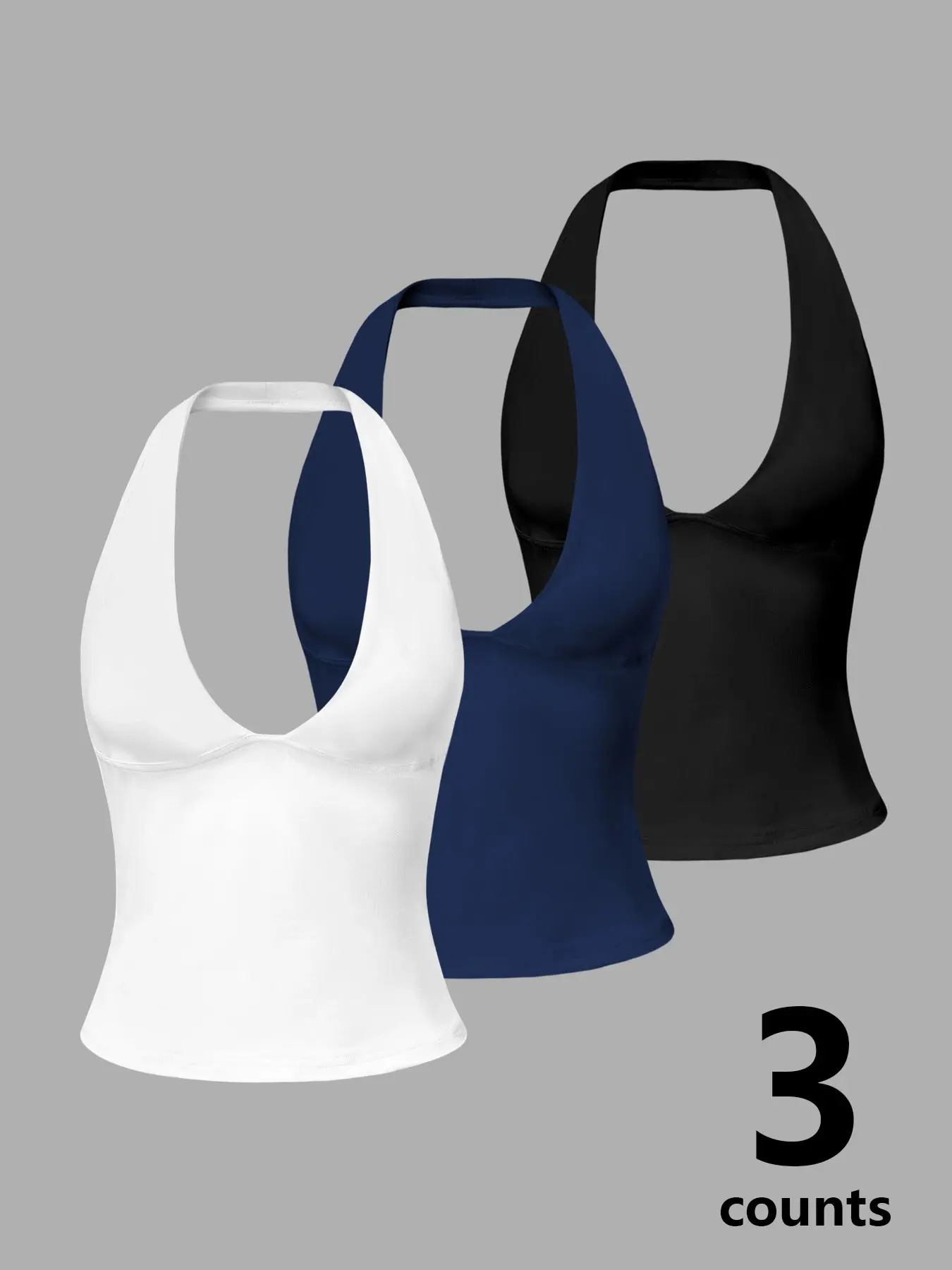3-Pack Women's Halter Tank Tops, Basic Fabric Deep V-Neck Sleeveless Cropped Tops Crop Activewear Cami, Slim-Fit Stretchy Casual Camisole for Daily, Everyday, Workout & Yoga