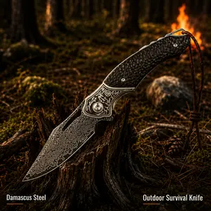 NorthForge-Damascus Style Folding Pocket Knife for Camping & EDC, Sharp Outdoor Survival Knife with Leather Sheath