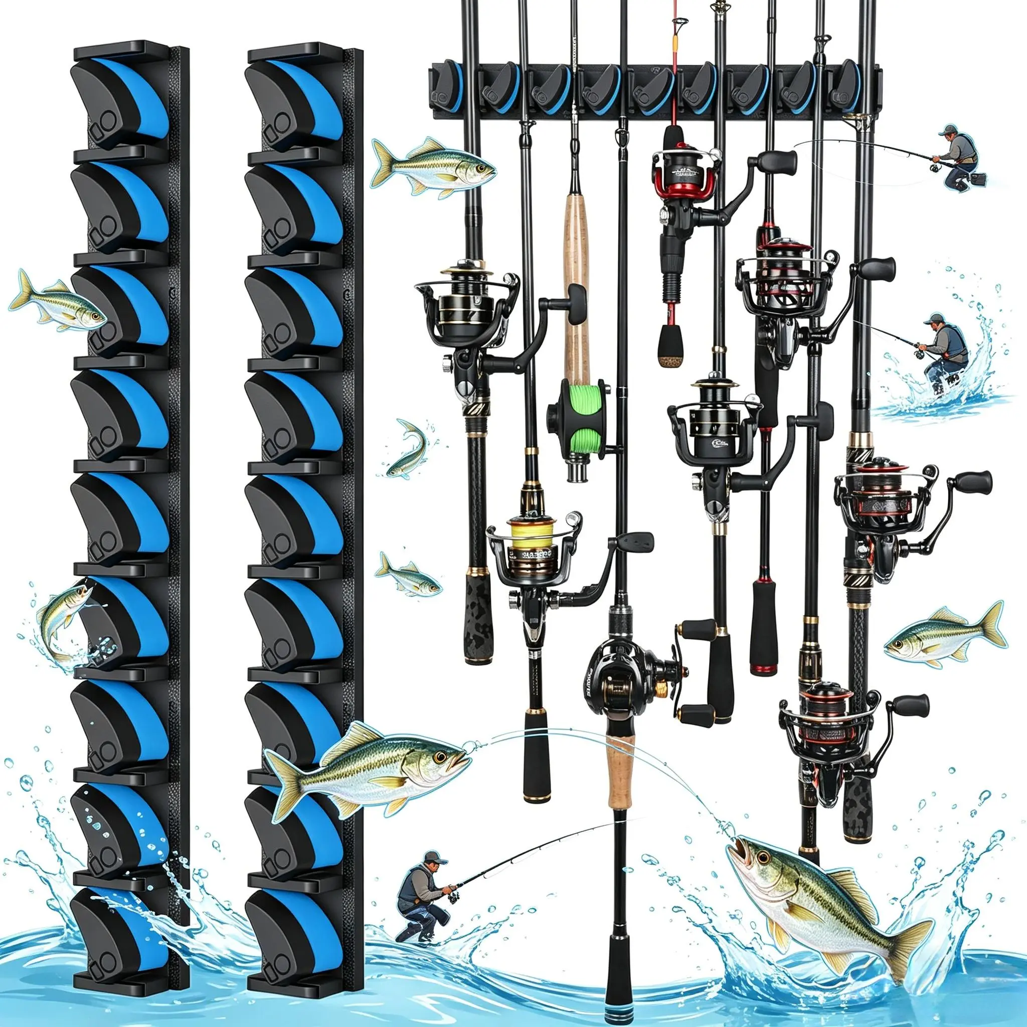 Vertical Fishing Rod Holder - Wall Mounted Staggers Reels Rack, Holds Up to 9 Combos, Fits 3-19mm Diameter Gear for Garage