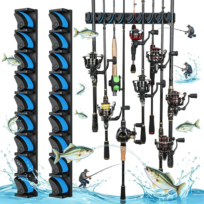 Vertical Fishing Pole Holder - Wall-Mounted Staggered Polymer+Silicone Fishing Accessories with 3-Groove Wrap, Secure Grip, Holds 9 Rods, Universal Fit for 3-19mm Gear, Garage Storage, Ideal Gift