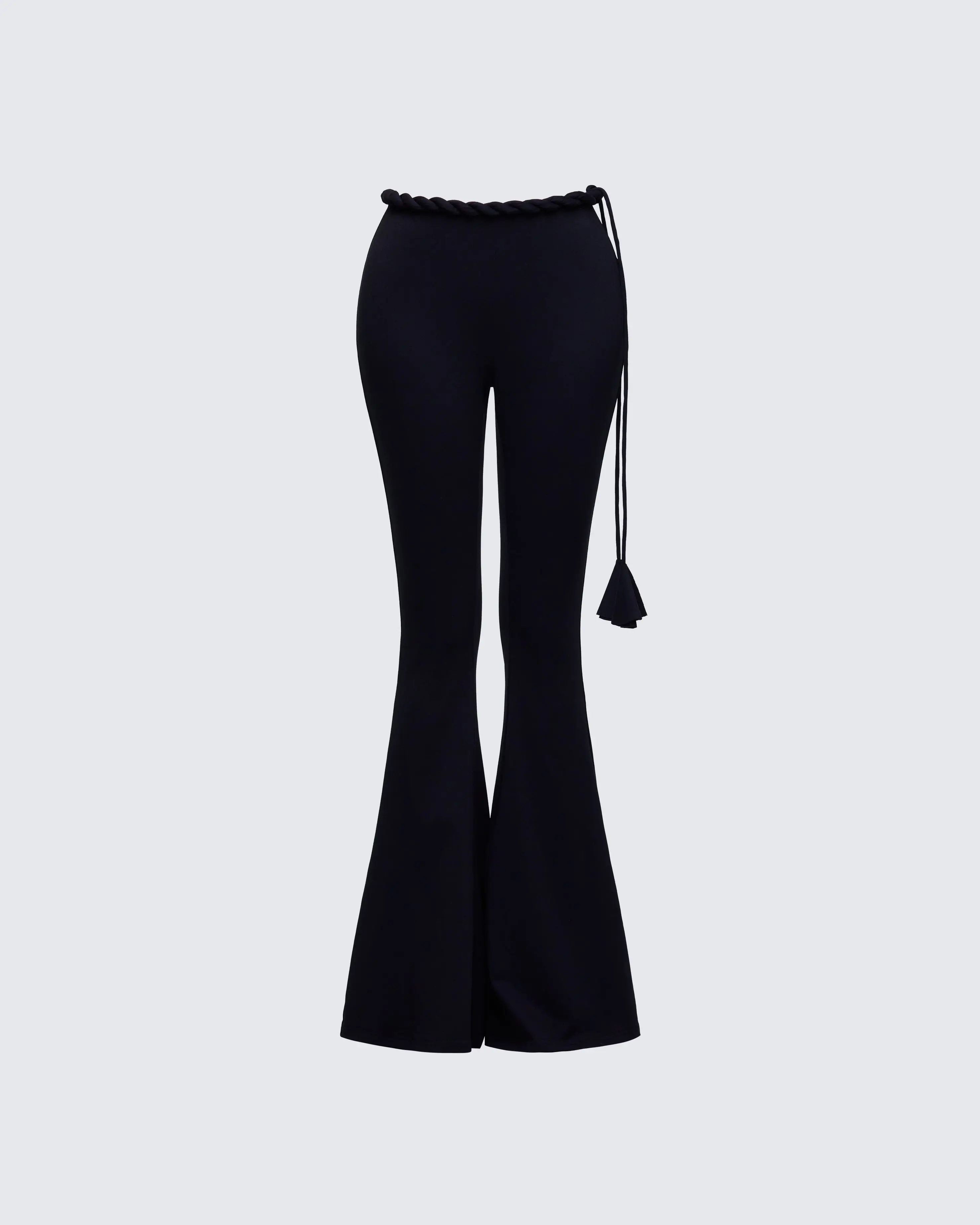 Women's Sailor Black Spandex Jersey Pants - Twist Waist, Fitted, Flare Style, Side Tie Belt Bottom