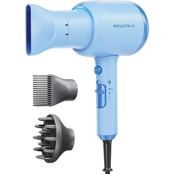 Wavytalk Blown Away Ionic Hair Dryer with Diffuser for Curly Hair | 1875W Fast Drying, 3 Attachments for All Hair Types, Ceramic Healthy Shine, Lightweight & Quiet (Light Blue)