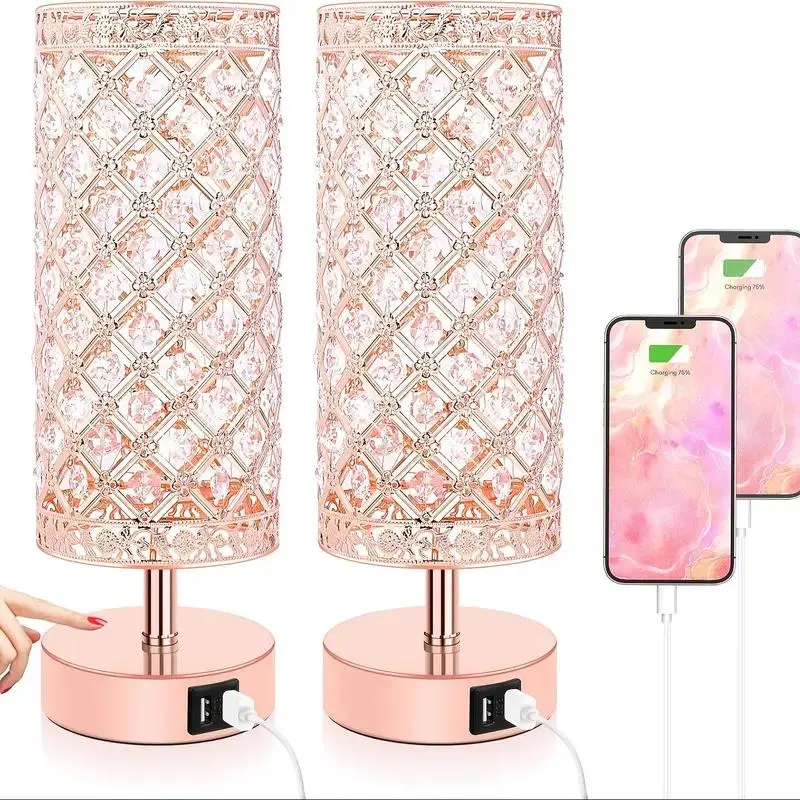 MATULSA 2/1 Pack Touch Control Crystal Table Lamps With 2 USB Ports, Mother's Day Gift Dimmable Bedside Nightstand Lamps With Decorative Crystal, Small Table Lamps For Bedroom Living Room, Office, Led Bulbs Included
