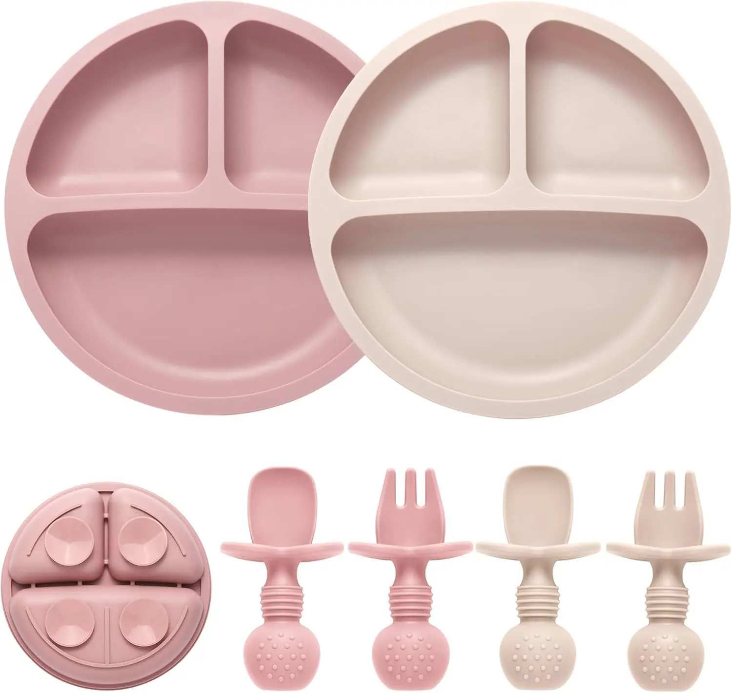 Halloween Fall Gift 2 Pack Divided Baby Plates with Suction, Spoons and Forks Set , Silicone Baby Feeding Set, BPA Free, Baby Led Weaning Supplies for Toddler Utensils Baby Feeding Essentials