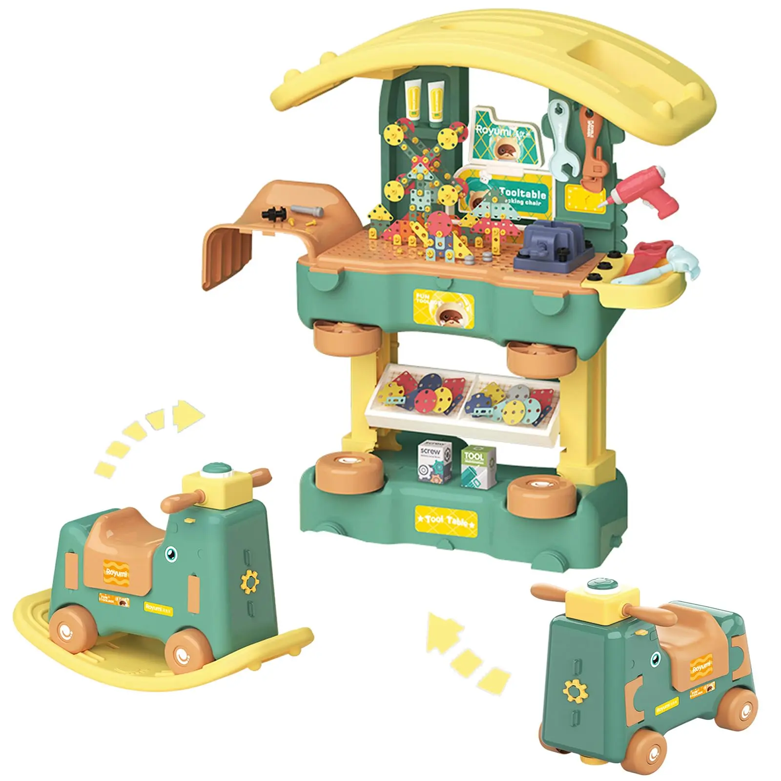 GARVEE 3-in-1 ABS Plastic Tool Bench & Rocking Toy Multi Activity Pretend Playset, 254 Realistic Tools, ASTM F963-17 Certified, Multi-Mode Construction Fun, Outdoor Learning Gift for 3-4 Year Olds Birthday Present, Multi Activity Playset
