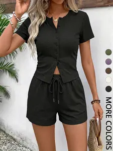 Women's Solid Button Front Top & Drawstring Waist Shorts Ribbed Two-Piece Set, Casual Comfy Round Neck Short Sleeve Top & Shorts Set, Ladies Clothing Set for All Seasons