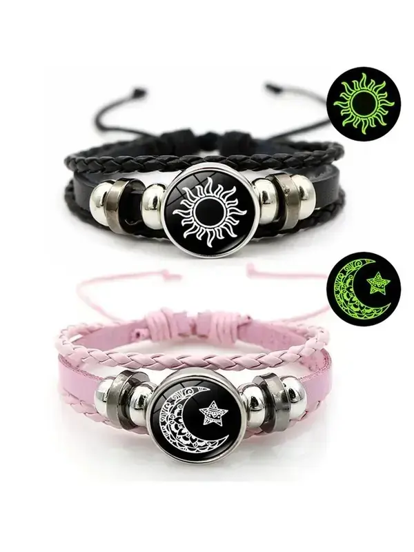 Night Glow Moon Sun Matching BraceletsAdjustable Punk Style Woven Leather CoupleJewelry, His & Hers Gift Set, Stackable Bracelets