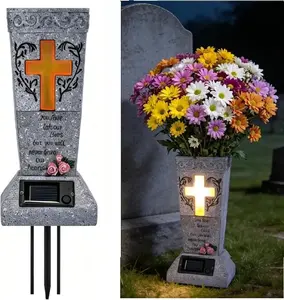 Solar LED Plastic Rechargeable Memorial Grave Vase with Ground Spike, Weatherproof Decorative Flower Arrangement Vase for Fresh & Artificial Flowers, Outdoor Garden Decor Cemetery Tribute Gift