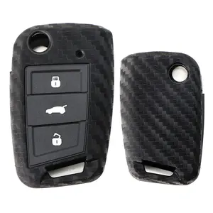 iJDMTOY Carbon Fiber Pattern Soft Silicone Key Fob Cover For Volkswagen: 2015-2020 MK7 Golf GTI 3-Button Flip Key ONLY (Black Twill Weave)