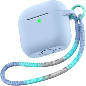 for Airpods 4 Case Cover - 2024 Airpod 4th Generation Soft Silicone Case with Lanyard and Keychain for Women, Shockproof Drop Protection Scratch Resistant Cute, Blue