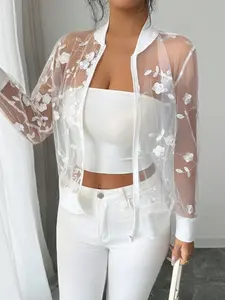 Women's Casual Floral Embroidery Mesh Zipper Lightweight Pilot Jacket, Spring Summer Fashion, Breathable & Stylish Design