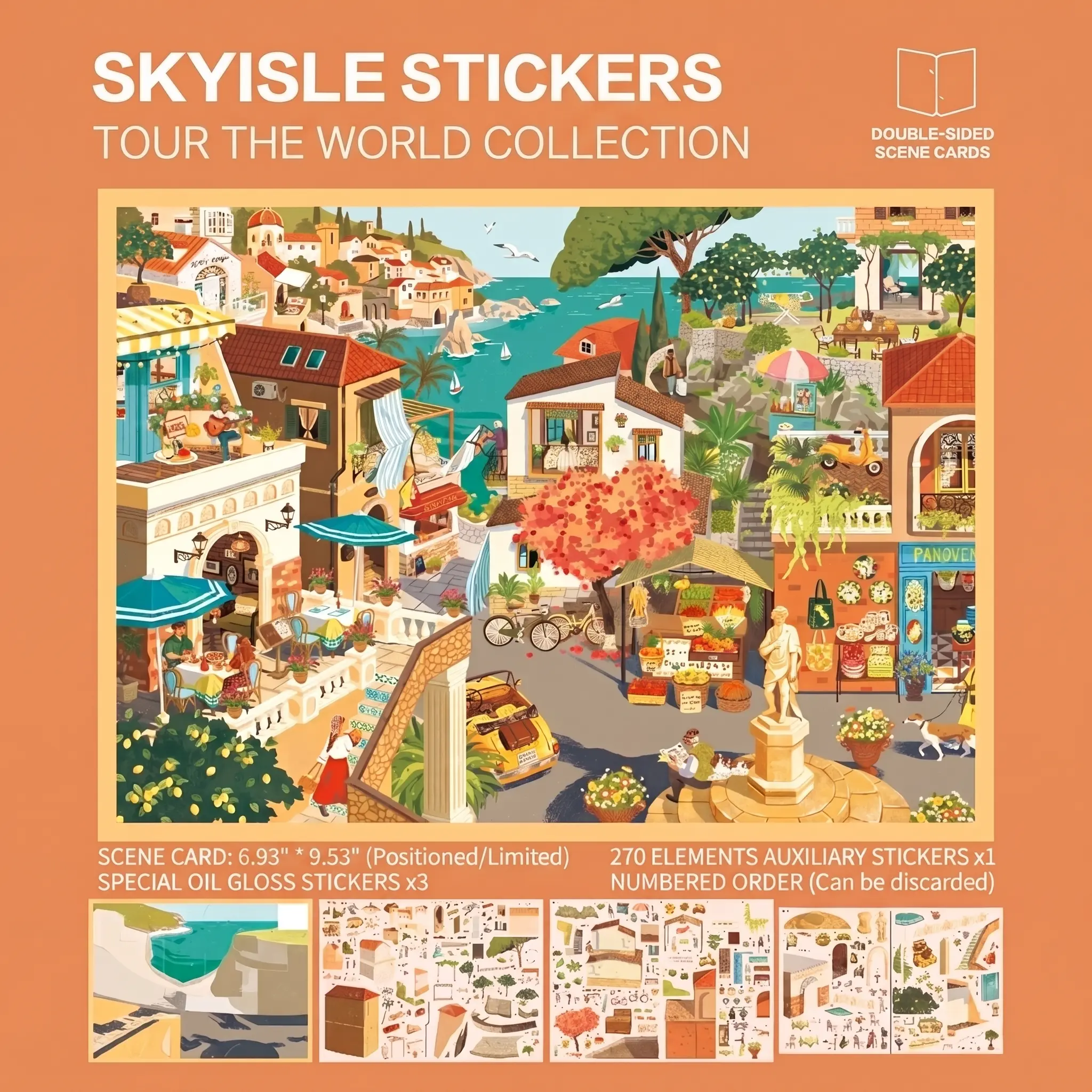 Sicily Italian Coastal Town Diorama Sticker Sheet - Numbered Sequential Waterproof Oil-Gloss PET Stickers with Mediterranean Buildings, Markets, Auxiliary Characters, Included Tweezers for Travel Crafts, Handmade Journal Decoration, Unisex