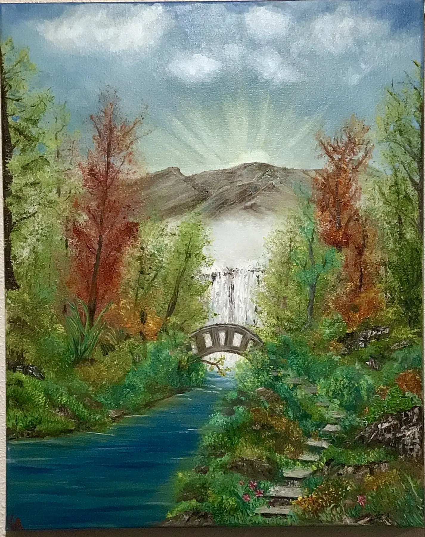 Original Landscape Oil Painting on 16x20 Stretched Canvas - Home Decor Art Featuring Serene River, Old Footbridge, Distant Mountain Waterfall, Lush Forest & Stepping Stones