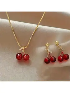 3pc Fashionable Cherry Pendant Necklace, Luxurious Design, Perfect for Women & Girls, Ideal Gift for Special Occasions