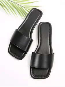 Summer Women's Fashion Slippers, Square Toe Plain Color Casual Flat All Match Sandals, Perfect for Home & Office Wear, All-Season Practical Shoes, PU Leather Sandals
